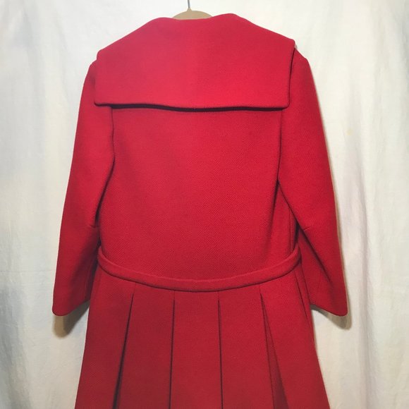 Vintage Woman's Bright Red Peacoat Jacket GUC Retro Pleated Skirt Attached Belt - Picture 4 of 10